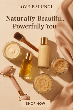 Cosmetic products with 'Love Balungi' branding on a beige background